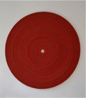 Red Painted Terracotta and nylon thread on wood